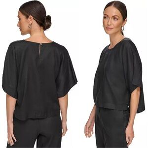 NWT DKNY Pure Linen Drop Shoulder Short Sleeve Top in Black | XL